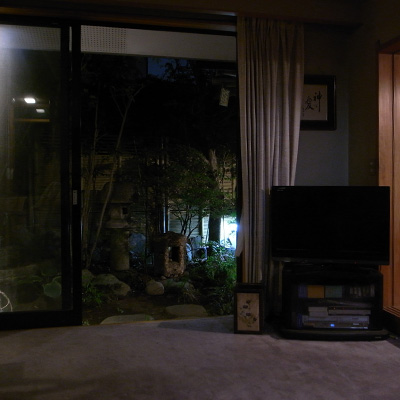 Night view of the rock garden from inside of the living room.